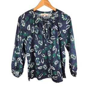 LOFT Navy Floral Paisley Shirred Tie Neck Blouse Top XS Boho Peasant Cottagecore